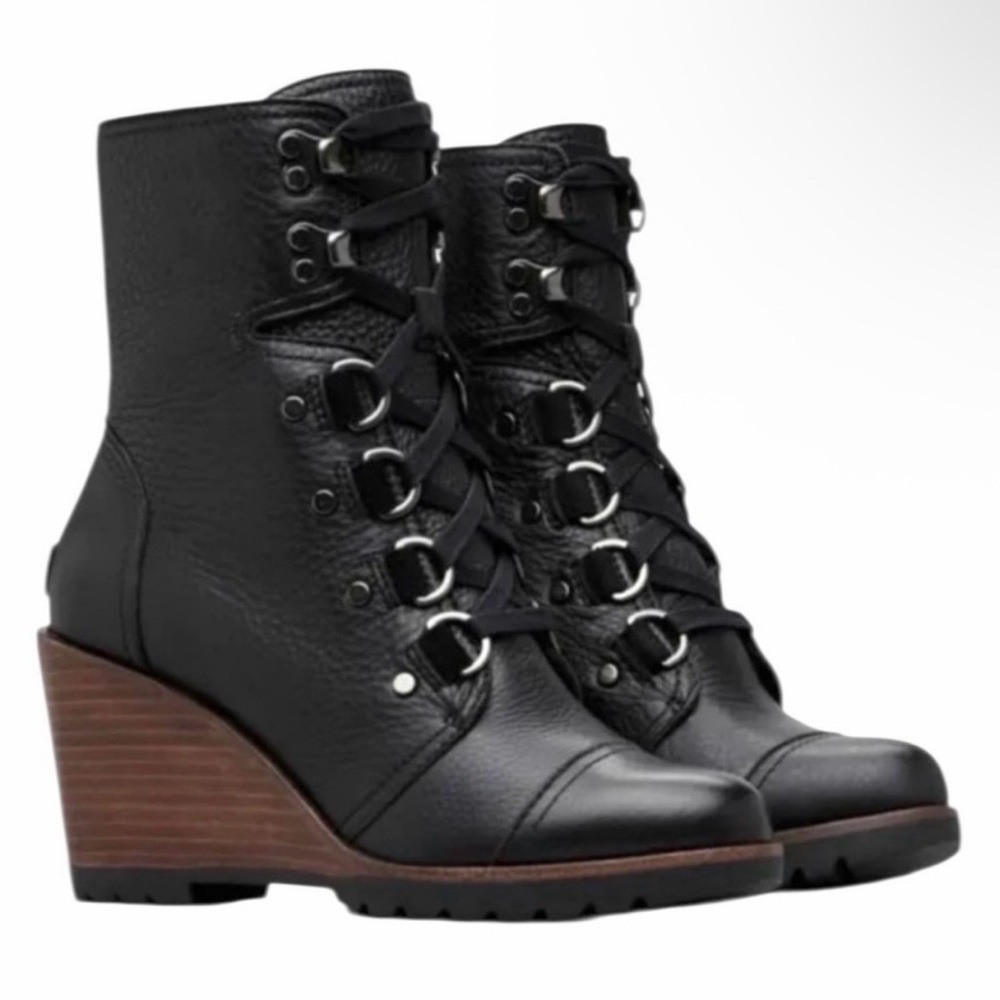 Sorel After Hours Leather Lace Up Wedge Booties